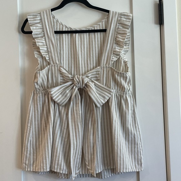 Maternity Flutter Tank Top Tie Back Backless White Tan Smocked Size Large - Picture 5 of 13